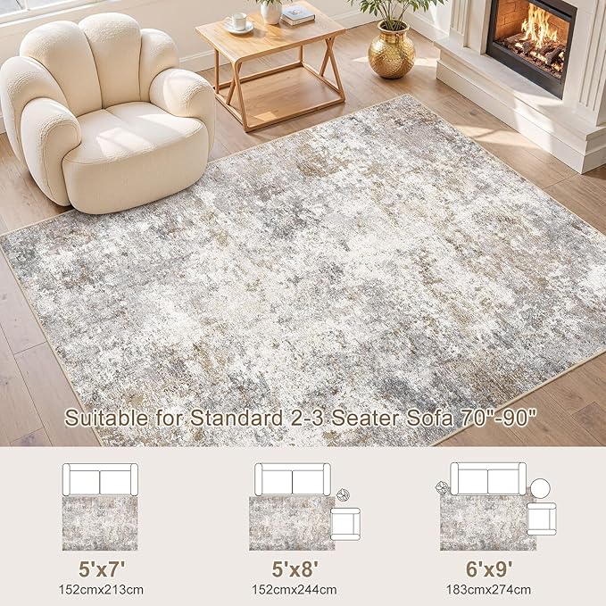6x9 Area Rug Living Room Rugs - Washable Neutral Modern Abstract Soft Thin Large Rug Indoor Floor No Slip Rug Carpet for Bedroom Under Dining Table Home Office Decor - Brown Grey