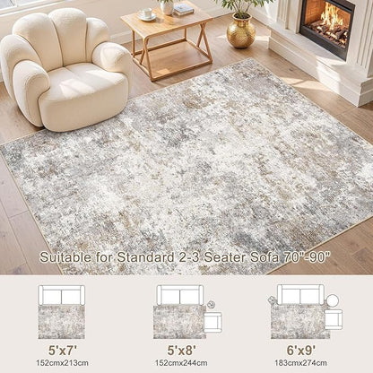 6x9 Area Rug Living Room Rugs - Washable Neutral Modern Abstract Soft Thin Large Rug Indoor Floor No Slip Rug Carpet for Bedroom Under Dining Table Home Office Decor - Brown Grey