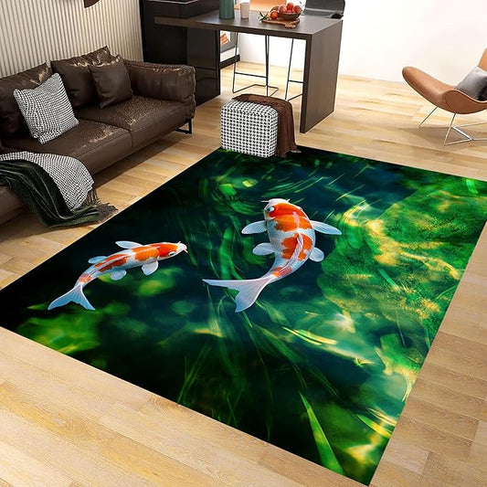 Green Pond Koi Fish Area Carpet, 4x5ft, 3D Realistic Underwater Koi Printed Carpets, Chinese Natural Landscape Soft Low Pile Rug, with Non Slip Backing Pet Friendly Rugs for Entryway
