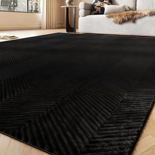 Area Rug for Living Room - 5x7 Soft Faux Rabbit Fur Modern Geometric Wave Carpet for Bedroom, Black