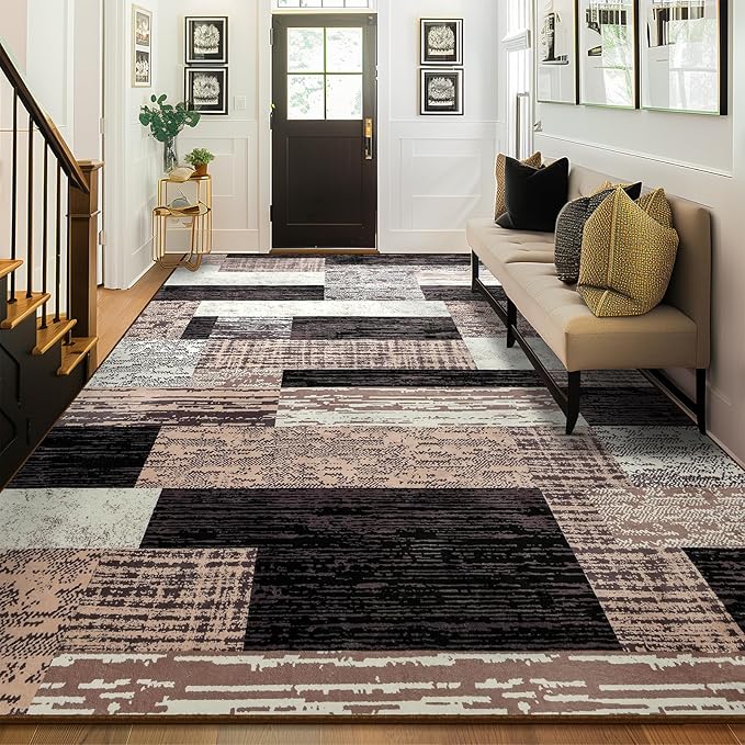 Large Area Rugs,Modern Geometric Patchwork Floor Decor for Bedroom Aesthetic Carpet, Rockwood Collection, Indoor Rugs for Living Room Dining Room Nursery Office Machine Washable Rug, 8x10 Ft Chocolate