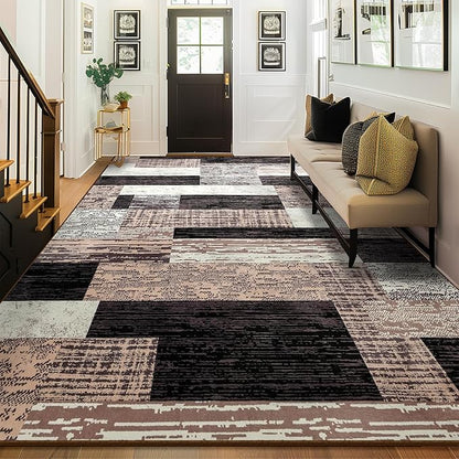 Large Area Rugs,Modern Geometric Patchwork Floor Decor for Bedroom Aesthetic Carpet, Rockwood Collection, Indoor Rugs for Living Room Dining Room Nursery Office Machine Washable Rug, 8x10 Ft Chocolate