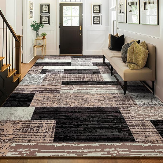 Large Area Rugs,Modern Geometric Patchwork Floor Decor for Bedroom Aesthetic Carpet, Rockwood Collection, Indoor Rugs for Living Room Dining Room Nursery Office Machine Washable Rug, 6x9 Ft Chocolate