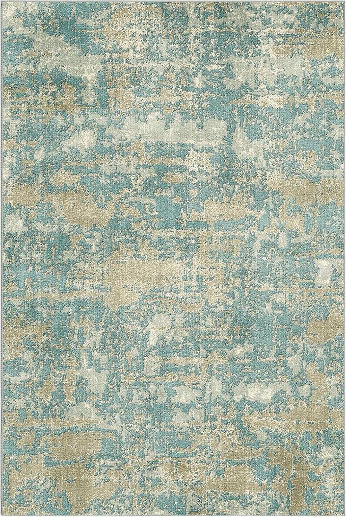 WITSHOCK Living Room Area Rugs 6x9：Modern Abstract Machine Washable Large Rug for Bedroom Dining Room Non-Slip Stain Resistant Home Office Decor,Teal Brown