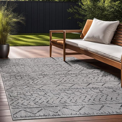 Beverly Rug Waikiki Indoor Outdoor Rug 6x9, Washable Outside Carpet for Patio, Deck, Porch, Trellis Area Rug, Water Resistant, Dark Grey - Light Grey