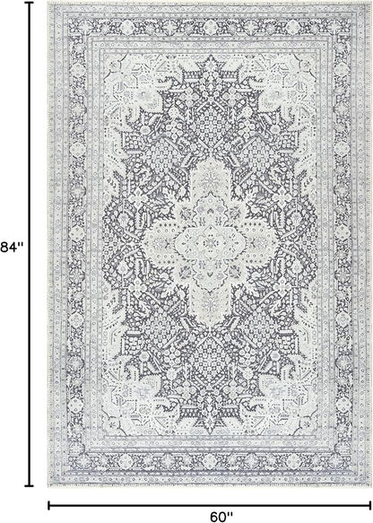 Bloom Rugs Washable Non-Slip 5' x 7' Rug - Charcoal Blue Traditional Medallion Area Rug for Living Room, Bedroom, Dining Room, and Kitchen - Exact Size: 5' x 7'