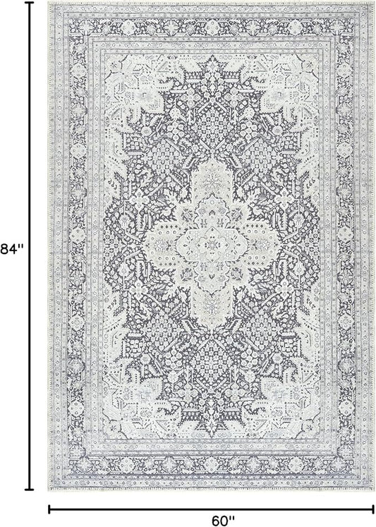 Bloom Rugs Washable Non-Slip 5' x 7' Rug - Charcoal Blue Traditional Medallion Area Rug for Living Room, Bedroom, Dining Room, and Kitchen - Exact Size: 5' x 7'