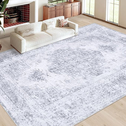 Area Rug 9x12 Living Room Rug, Machine Washable Vintage Distressed Medallion Rug Non-Slip Soft Low Pile Large Indoor Rugs for Bedroom Kitchen Dining Room Office(LightGrey,9'x12')