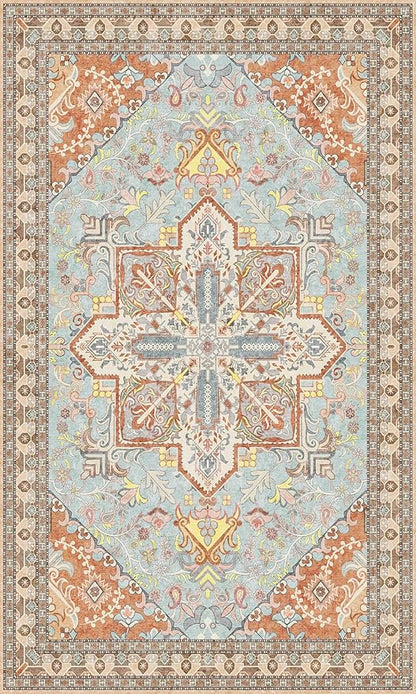 Washable Entryway Rug 3x5 | Non Slip Rug Runners for Hallways, Entryways, Kitchens, Bathrooms, Bedrooms | Ultra-Soft Flannel Carpet Kitchen Rug with Rubber Backing (Light Teal/Rust, 3x5)