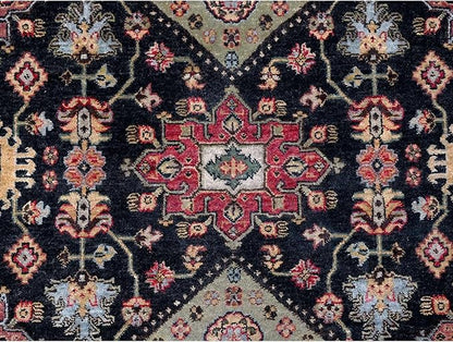 Carbon Black with Turkey Red Karjihooz Design with All Over Pattern Vegetable Dyes Pure Wool Soft Pile Hand Knotted Oriental Rug (9'x12')