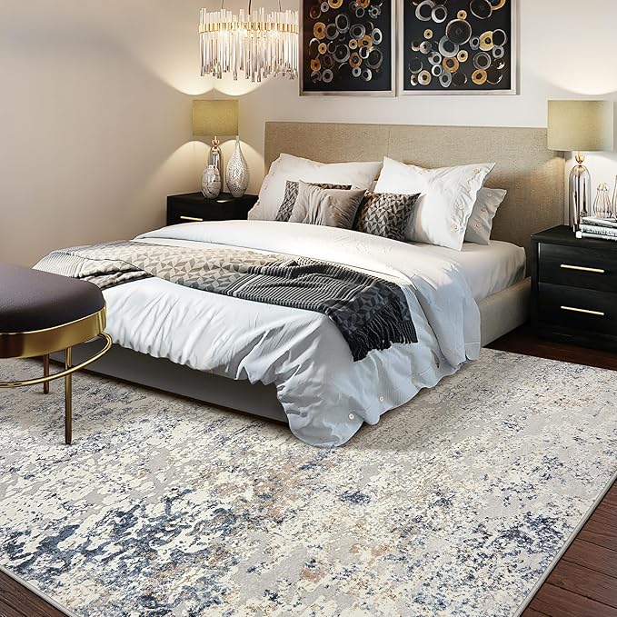 Area Rug Living Room Rugs - 8x10 Abstract Large Soft Indoor Washable Rug Neutral Modern Low Pile Carpet for Bedroom Dining Room Farmhouse Home Office - Beige Blue