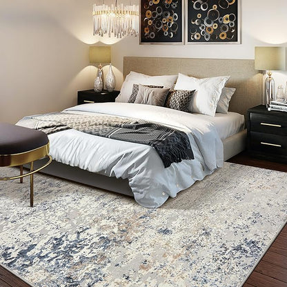 Area Rug Living Room Rugs - 12x15 Washable Large Soft Indoor Neutral Modern Abstract Low Pile Rug Carpet for Bedroom Dining Room Farmhouse Home Office - Beige Blue