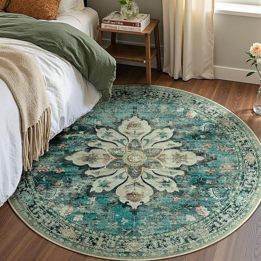 Area Rugs 6ft Washable Non-Slip, Floral Vintage Distress Print Pattern Medallion Carpet for Living Room Bedroom Dining Room, Dark Blue Vintage