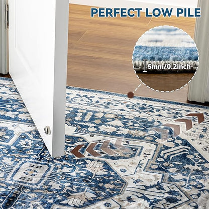 EnHomee 4x6 Area Rugs for Living Room, Boho Area Rug, Machine Soft Washable Rug for Bedroom, Living Room Rug, Non-Slip, Low-Pile, Dining Room Indoor Home Decor, Colorful Print, Blue and White