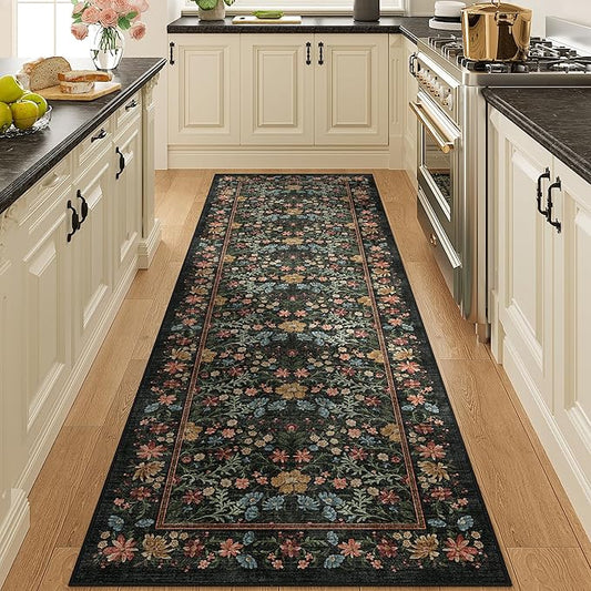 DOKINO 2x10 Runner Rug for Hallway, Vintage Washable Long Kitchen Rug with Low Pile Design, Floral Non Slip Soft Carpet Runner for Hallway, Kitchen, Bathroom, Bedroom, Black