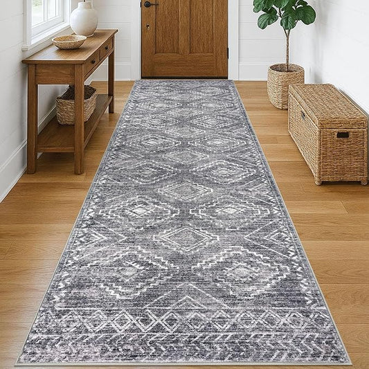 KILOCOCO Hallway Runner Rug 3'x10' Runners for Hallways Washable Runner Rug Non Slip Rubber Backed Low-Pile Runners for Bedroom Kitchen Living Room Laundry Room Boho Rugs, Grey