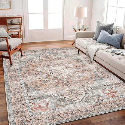 Area Rug 6'x9' Light Cyan and Light red Washable Vintage Traditional Floor Cover Thin Retro Kitchen Indoor Distressed Non Slip Carpet for Living Room Bedroom Dining Room