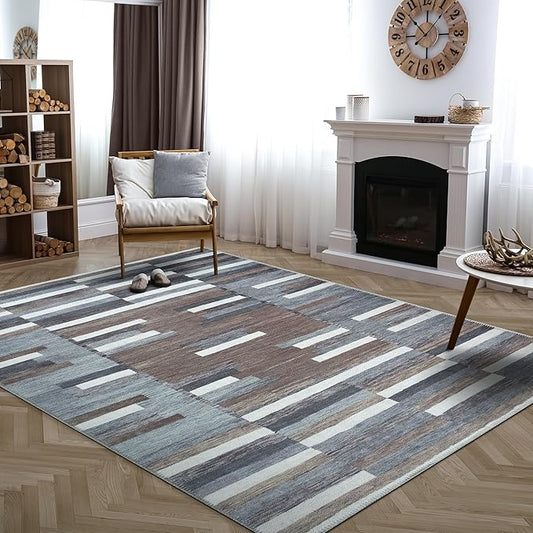 Bloom Rugs Washable Non-Slip 8' x 10' Rug - Blue/Brown Striped Area Rug for Living Room, Bedroom, Dining Room, and Kitchen - Exact Size: 8' x 10'