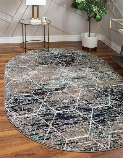 Unique Loom Trellis Frieze Collection Area Rug - Geometric (4' x 6' Oval, Blue Multi/ Ivory)
