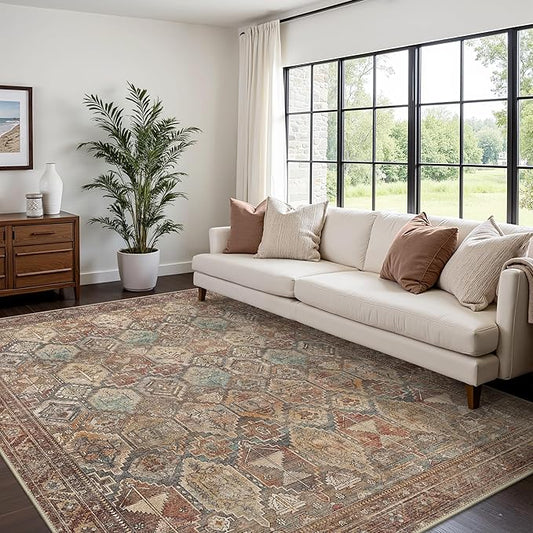Bavni Washable Rug 5x7 Area Rug for Living Room Bedroom Dining, Washable Vintage Print Carpet, Ultra-Thin Low Pile Lightweight Rug with Non Slip Backing, Reddish Brown