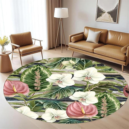 3.3ft Round Indoor Rug Non-Shedding Machine Washable，Low Pile Non-Slip Carpet with Tropical Floral Pattern，Soft Floor Mat for Living Room, Bedroom, Mudroom Easy Clean Home Decor