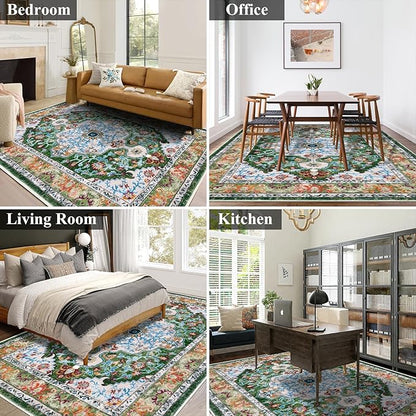 U'Artlines Boho Vintage Area Rug 6x9 Machine Washable Low Pile Soft Floor Carpet Non Slip Non Shedding Accent Rug for Living Room Bedroom Entryway Dining Room Office Green