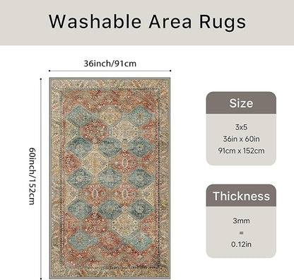 Bavni 3x5 Area Rugs for Living Room, Machine Washable Rug Non Slip, Vintage Chenille Distressed Print Carpet, Large Low Pile Ultra-Thin Lightweight Rugs for Bedroom, Dining Room, Office, Blue/Tan/Red