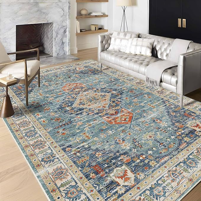 Enkor Area Soft Rugs 6x9 Washable Non Slip Boho Floor Rugs for Living Room Bedroom, Vintage Style Farmhouse Mat for Kitchen Entryway Green & Blue