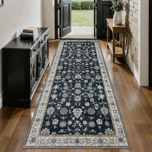 Tangsoo 2.6x8 Hallway Runner Rug, Floral Vintage Washable Non-Slip Runner Rug for Hallway Entryway Indoor, Black Print Carpet,Soft Low Pile Long for Kitchen Bedroom