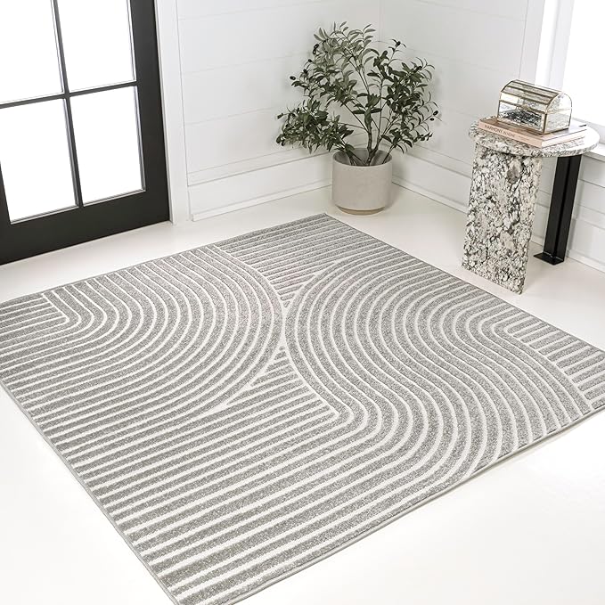 JONATHAN Y Hallie High-Low Curve Gray/Ivory 7x7 Square Indoor/Outdoor Area Rug, Minimalist, Pet Friendly, Non-Shedding, Stain Resistant, Hose-Washable for Backyard, Patio, Porch (SCN100A-7SQ)