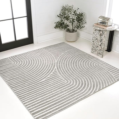 JONATHAN Y Hallie High-Low Curve Gray/Ivory 9x9 Square Indoor/Outdoor Area Rug, Minimalist, Pet Friendly, Non-Shedding, Stain Resistant, Hose-Washable for Backyard, Patio, Porch (SCN100A-9SQ)