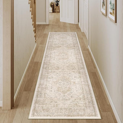 Hallway Runner Rug 2x8 Washable Beige Vintage Distressed Long Runner Oriental Soft Thin Indoor Carpet Non Slip Low Pile Throw Rug for Kitchen Bedroom Laundry Bedside Entryway