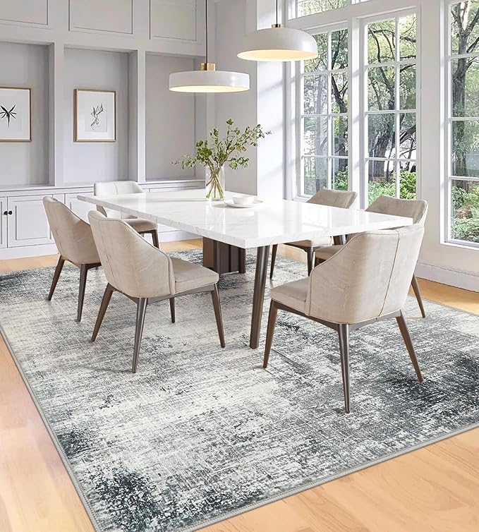 6x9 Washable Area Rugs - Modern Abstract Rugs for Living Room Non-Slip Low Pile Soft Machine Washable Carpet for Bedroom, Dining Room, Nursery, Home Office, Farmhouse (6'x9' Dark Grey)