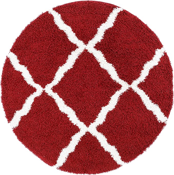 SAFAVIEH Dallas Shag Collection Area Rug - 6' Round, Red & Ivory, Trellis Design, Non-Shedding & Easy Care, 1.5-inch Thick Ideal for High Traffic Areas in Living Room, Bedroom (SGD257Q)