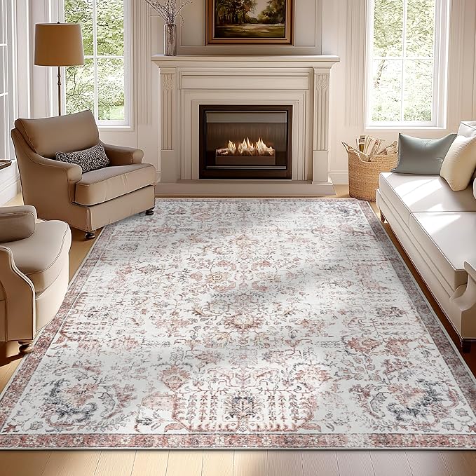jinchan Kalen Area Rug 9x12 Washable Living Room Rug Vintage Indoor Large Floor Cover Retro Accent Mat Distressed Floral Country Boho Non Slip Thin Carpet for Bedroom Dining Room Office Red Multi