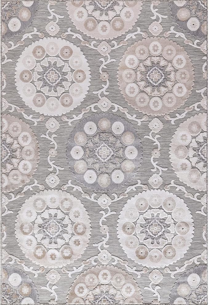 CAMILSON Indoor Outdoor Rug 10x14 Bohemian Medallion Floral Area Rugs for Indoor and Outdoor Patios Easy-Cleaning Non-Shedding Living Room Garden and Kitchen Washable Outside Carpet (10 x 14 / Beige)