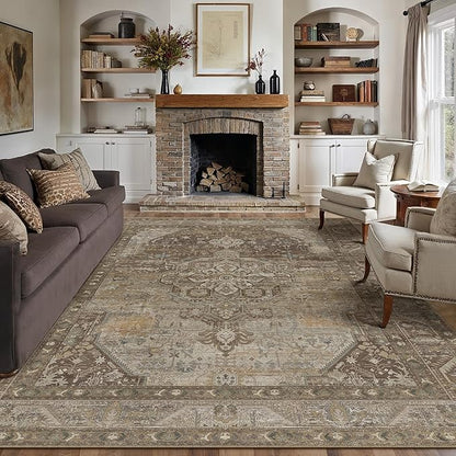 8x10 Brown Washable Vintage Area Rug for Living Room Bedroom Non Slip Distressed Traditional Soft Large Throw Rug Low Pile Lightweight Floral Carpet Office Classroom Dining Room