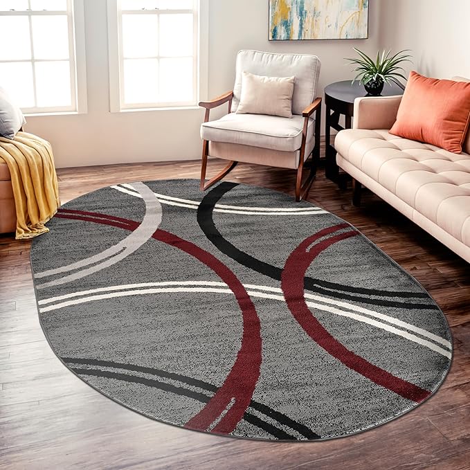 Rugshop Modern Wavy Circles Design Non-Shedding Oval Rug, Carpet for Living Room, Dining Room, or Bedroom, Red, 5' x 7' Oval
