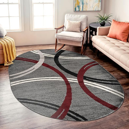Rugshop Modern Wavy Circles Design Non-Shedding Oval Rug, Carpet for Living Room, Dining Room, or Bedroom, Red, 5' x 7' Oval