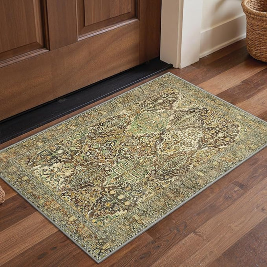 GENIMO Area Rug 2x3 Doormat, Machine Washable Low Pile Rugs, Small Retro Chenille Entryway Mat for Entrance, Hallway, Kitchen and Corridor, Bronze Olive