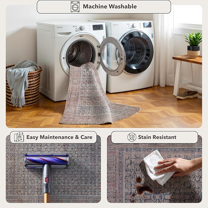 Kuden Area Rug, Machine Washable, Non-Slip Backing, Vintage Style, Soft, Low Pile, Perfect for Living Room, Bedroom, Kitchen, Dining Room - [2x3, Blue/Red]