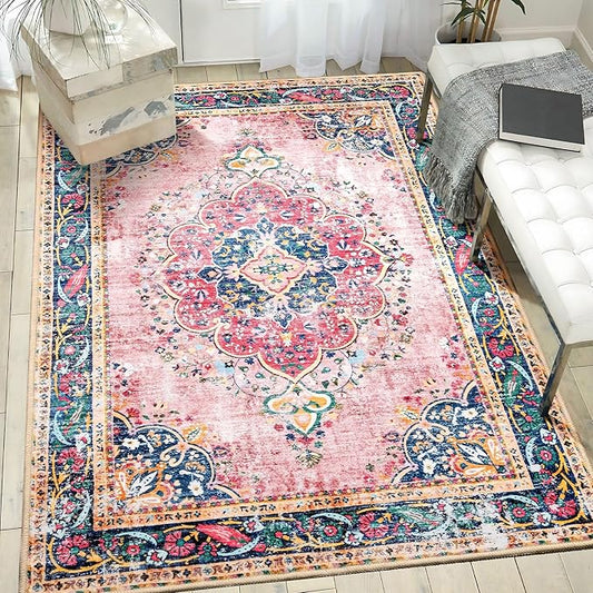 Area Rug 4x6.5 Pink Boho Rug Washable Vintage Rug for Kitchen Living Room Bedroom Bathroom Office Low Pile Non Slip Indoor Floor Carpet