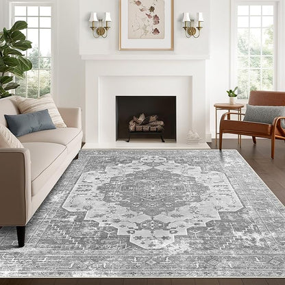 vivorug 9x12 Area Rugs, Stain Resistant Washable Rug for Living Room, Vintage-Inspired Grey Floral Rug