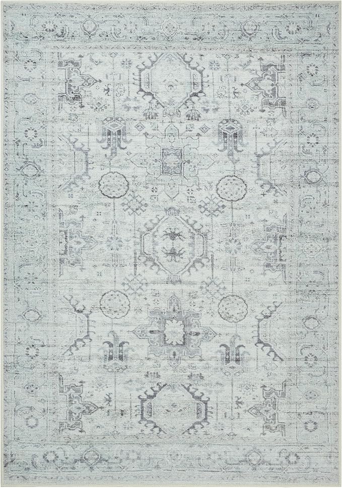 GLN Rugs Traditional Collection - Machine Washable Area Rug, Traditional Washable, Non Slip, Low Pile Chenille Rug, Living Room, Bedroom, Kitchen Rug (3' x 5' Cream/Gray/Sea Salt)