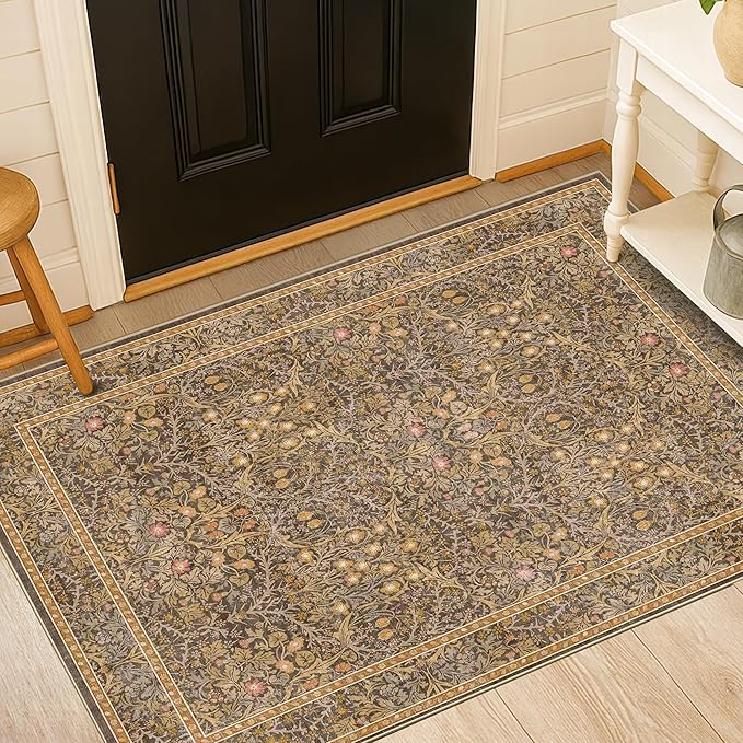 Vintage Brown 3x6 Area Rugs for Large Entryway, Bedroom Beside Rug, Kitchen, Laundry Room, Non-Slip Low Pile Ultra Soft Stain Resistant Small Floral Carpet