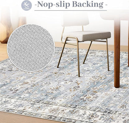 Area Rug 9x12 Living Room Rug, Machine Washable Vintage Distressed Boho Area Rug Non-Slip Soft Low Pile Large Indoor Rugs for Bedroom Kitchen Dining Room Office(Light Blue,9'x12')