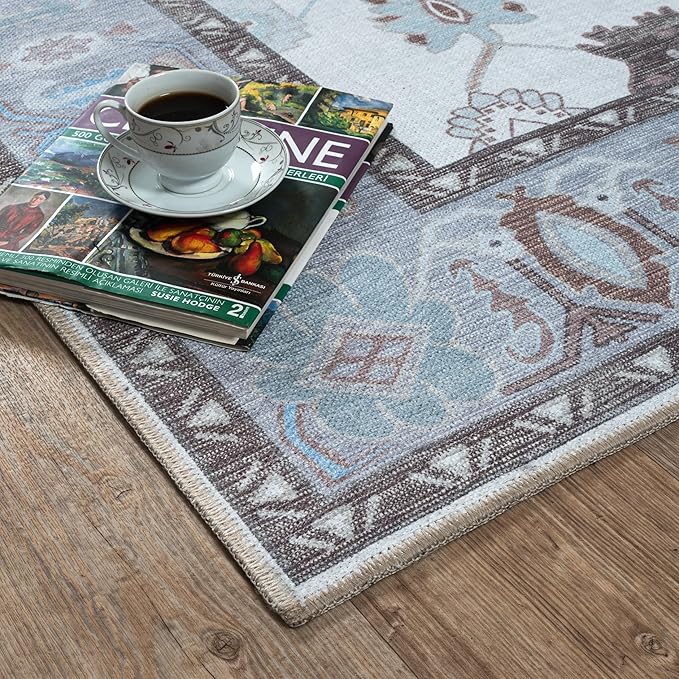 Fame Living Cream Grey Oushak Rug, Modern, Vintage, Turkish, Eclectic, Floral, Pastel, Washable, Oversized, Extra Large Area Rugs for Living Room, Dining, Bedroom, Lounge 9'5"x14'