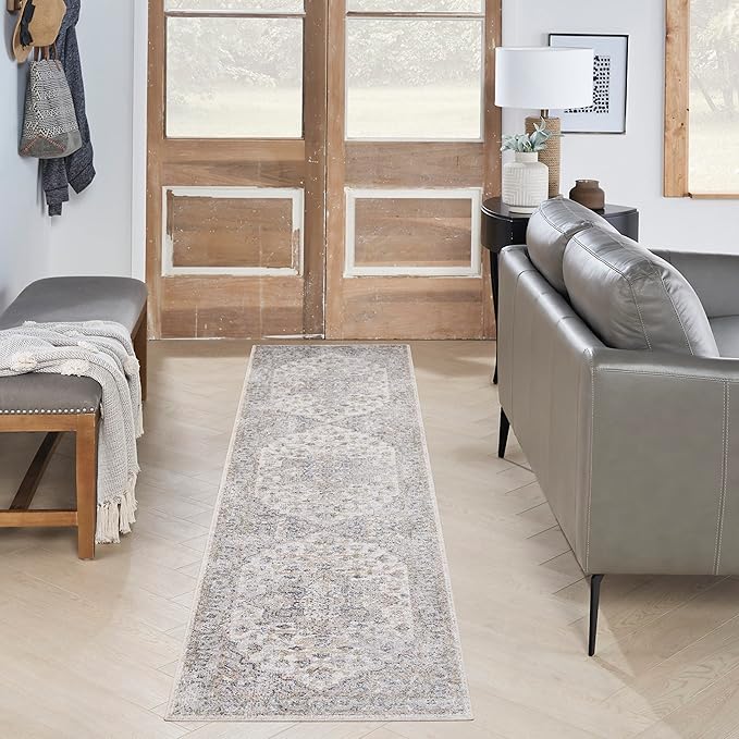 Nourison Home Astra Machine Washable Silver Grey 2'2" x 12' Area Rug - Easy Clean, Non Shedding, Bed Room, Living Room, Dining Room, Kitchen (12' Runner)