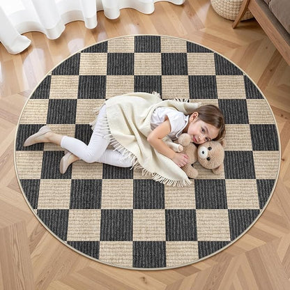 LIVEBOX Checkered Round Rug 4 Ft Washable Area Rug for Playroom, Kids Non-Slip Neutral Classic Circle Rug Geometric Large Carpet Soft Boys Rug for Classroom Dorm Bedroom(Black,120R)