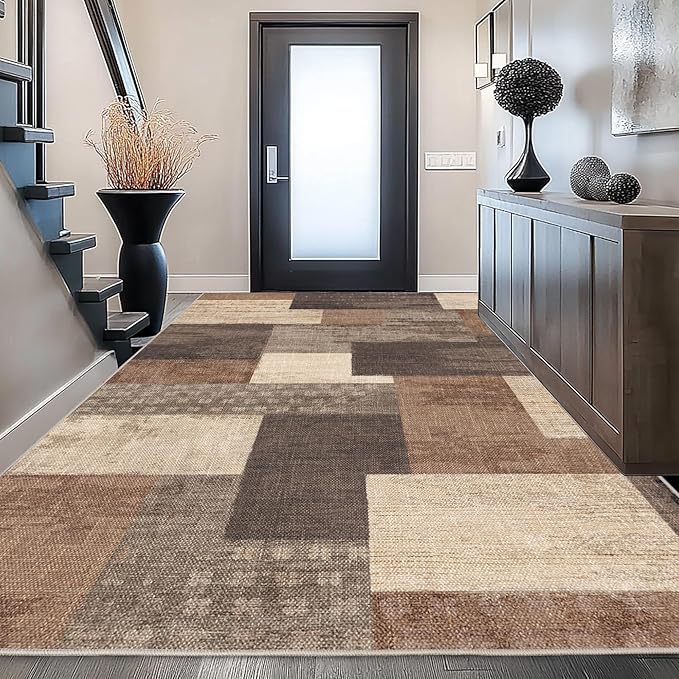 Modern Geometric Patchwork Indoor Area Rug for Living Room, Beige 9'x 12' Large Rug Rockwood Collection Hardwood Floors Decor for Bedroom, Beige Throw Carpet for Office Entryway Dining Room